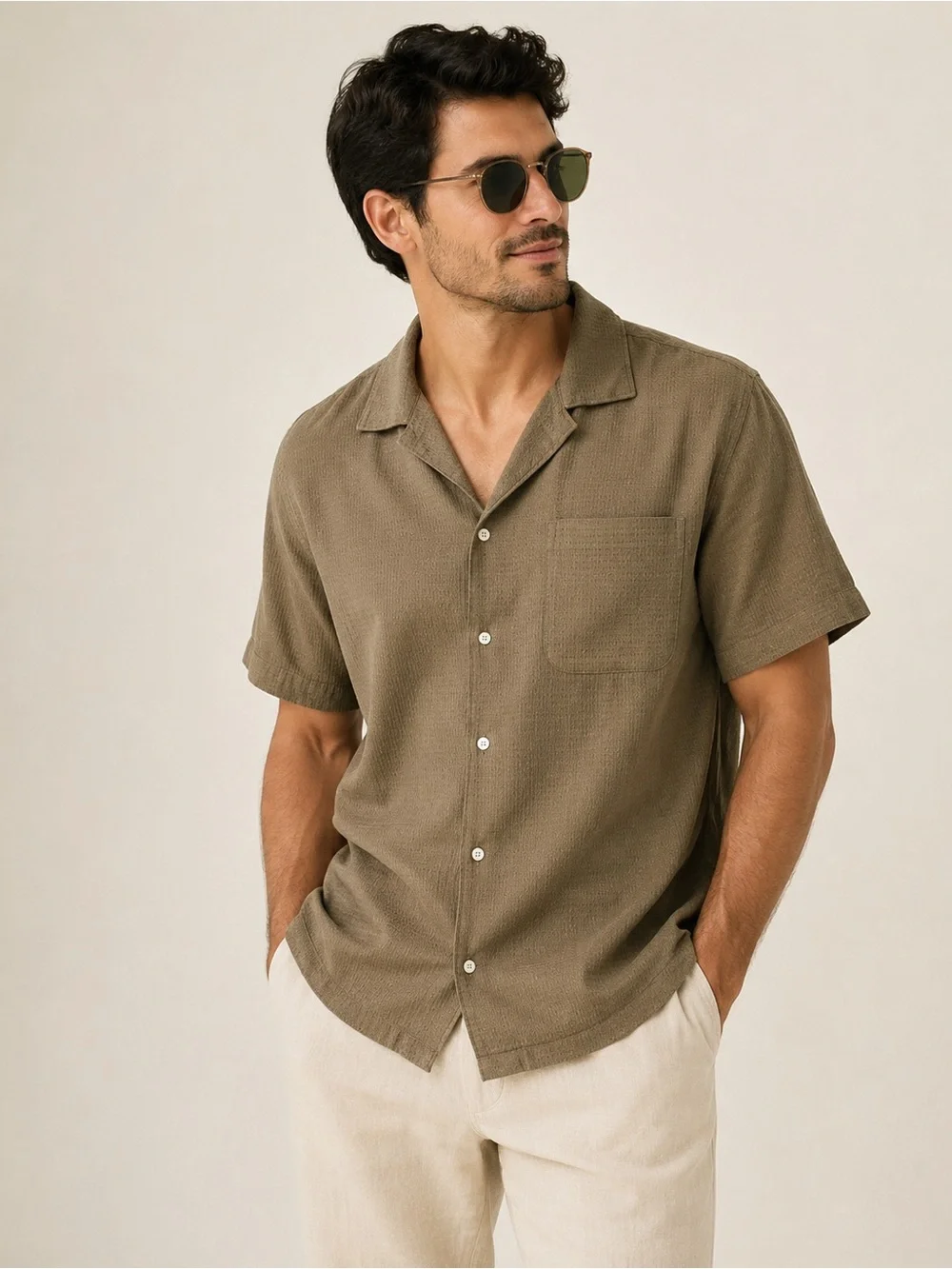 J.Crew Mens Waffle-Knit Camp Collar Shirt Short Sleeve Brown/Tan SzXL 100%cotton
